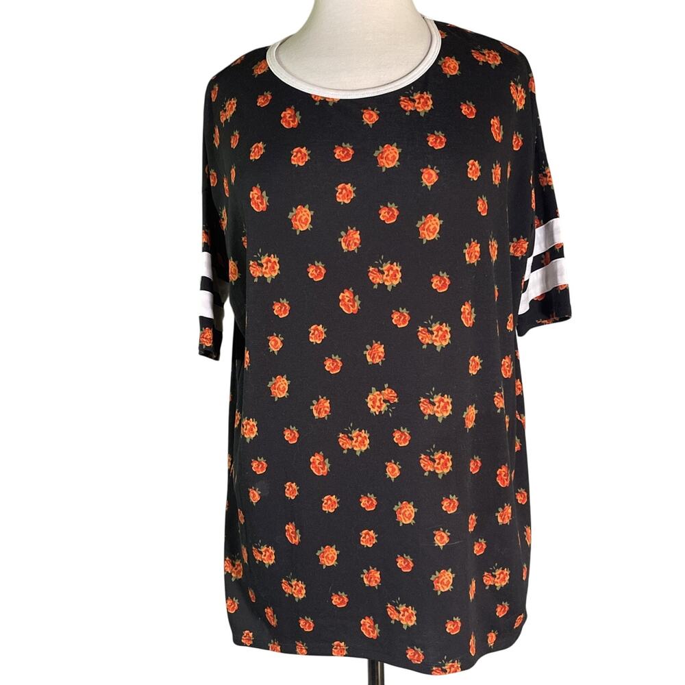 LuLaRoe Irma Top Tunic Short Striped Sleeve Shirt Black Red Floral Women's XS
